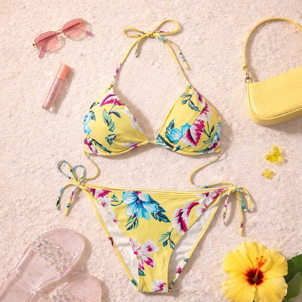 Y2K Victoria’s Secret Coquette Tropical Bikini Set – Yellow Floral Tie Side – S